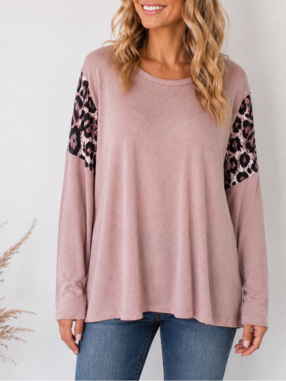 Grace & Emma pink long sleeve top with velvet leopard print on Sleeves